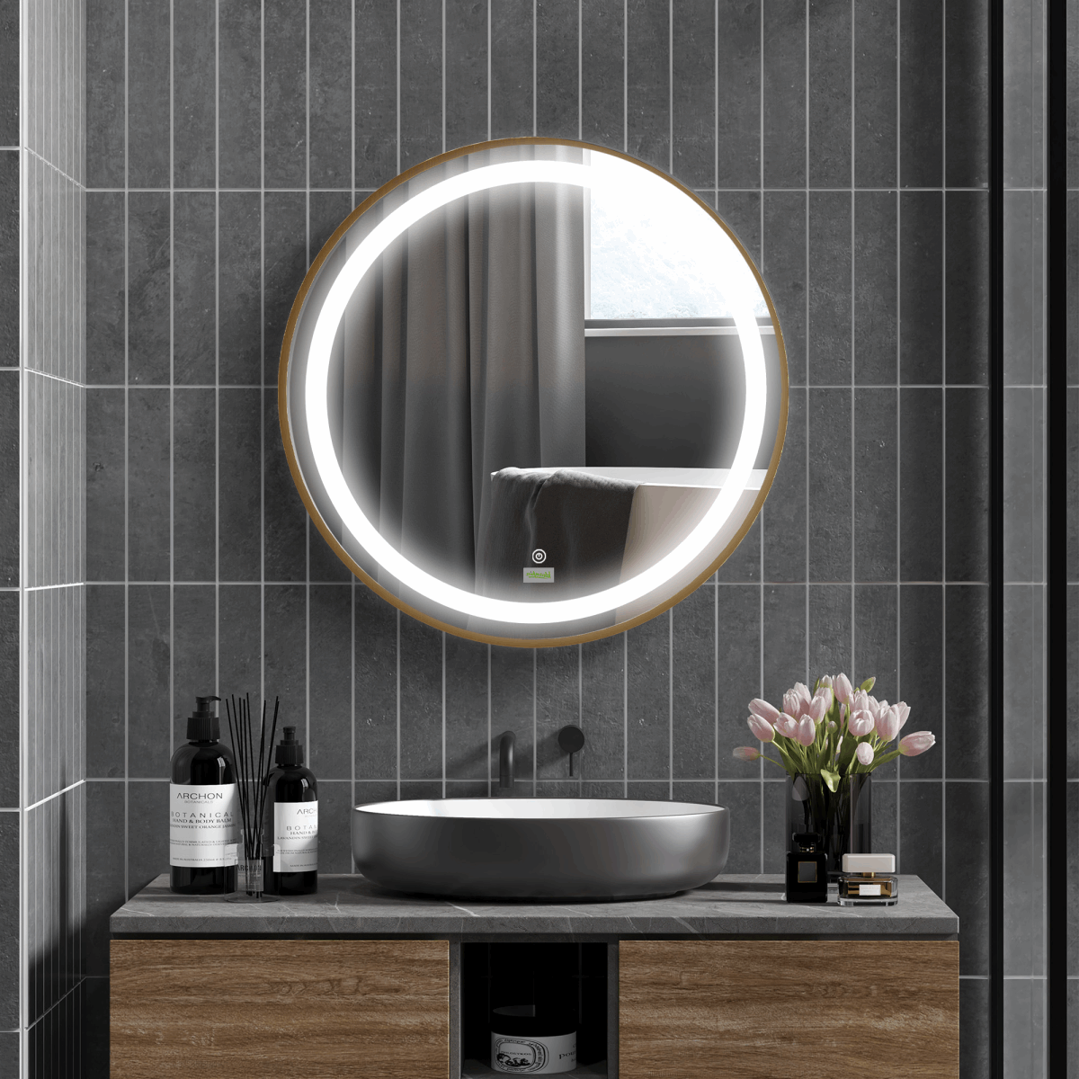 LED Bathroom Mirror Wall Mounted Round Vanity Mirror With Lights, Time Display kleankin