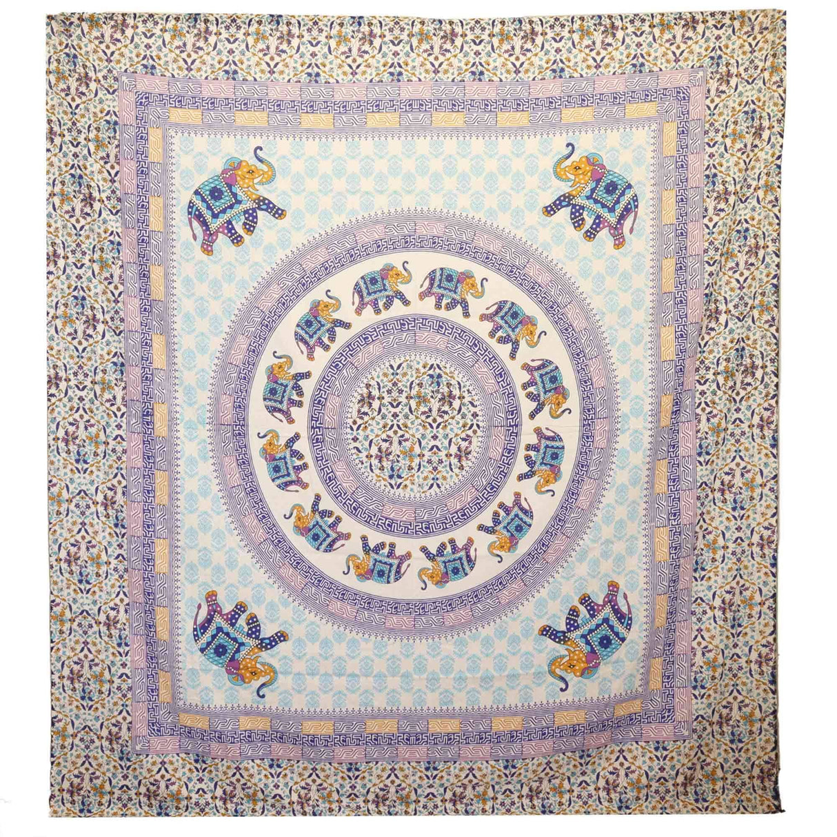 Wall Hanging and Beach Spread - Elephant Mandala - Turquoise Blue on Cream AW Dropship UK