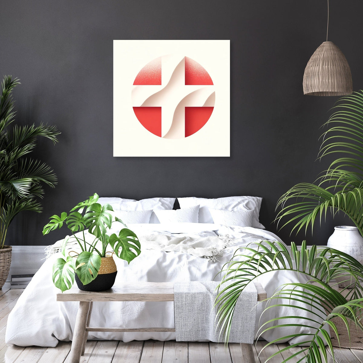 Modern wall art canvas featuring abstract design with red and neutral tones for stylish home decor