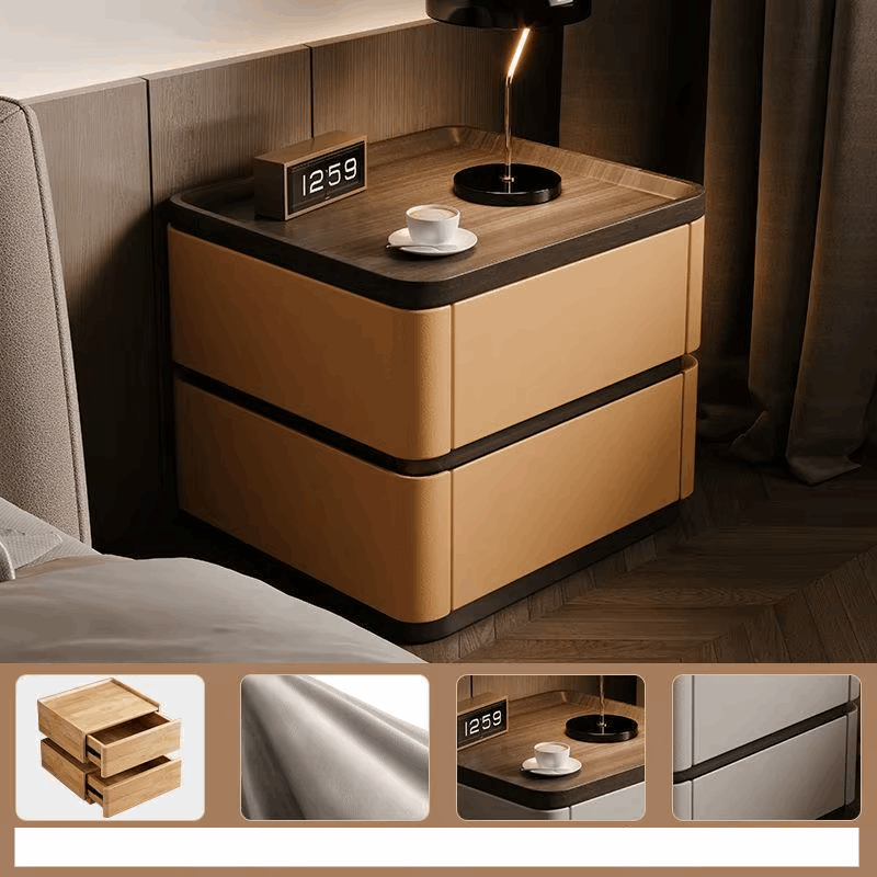 Klassyx modern bedside cabinet in warm tones with sleek drawers and stylish lamp