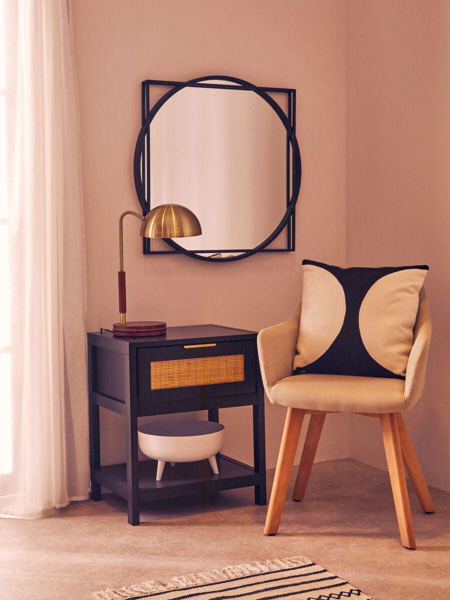 Orsina Bedside Table with a drawer and shelf, paired with a stylish chair and mirror