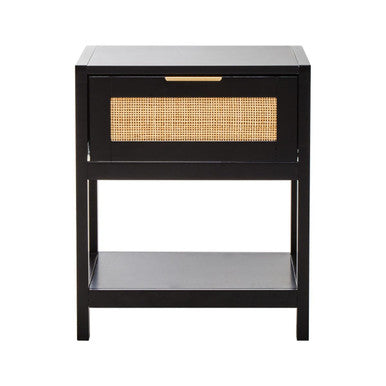 Orsina Bedside Table in black with rattan drawer and lower shelf for stylish bedroom storage