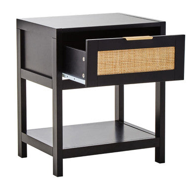 Orsina Black Bedside Table with a Cane Drawer and Open Shelf for Stylish Bedroom Storage