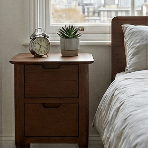 Fishe and Lilly Bedside Table with Two Drawers and a Clock Next to a Plant by the Window