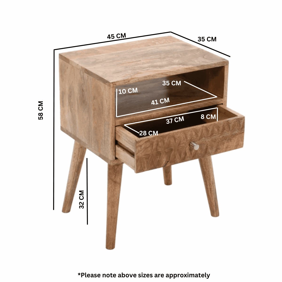 Marlow Light Mango Wood Bedside Table with 1 Drawer & Open Slot Verty Furniture
