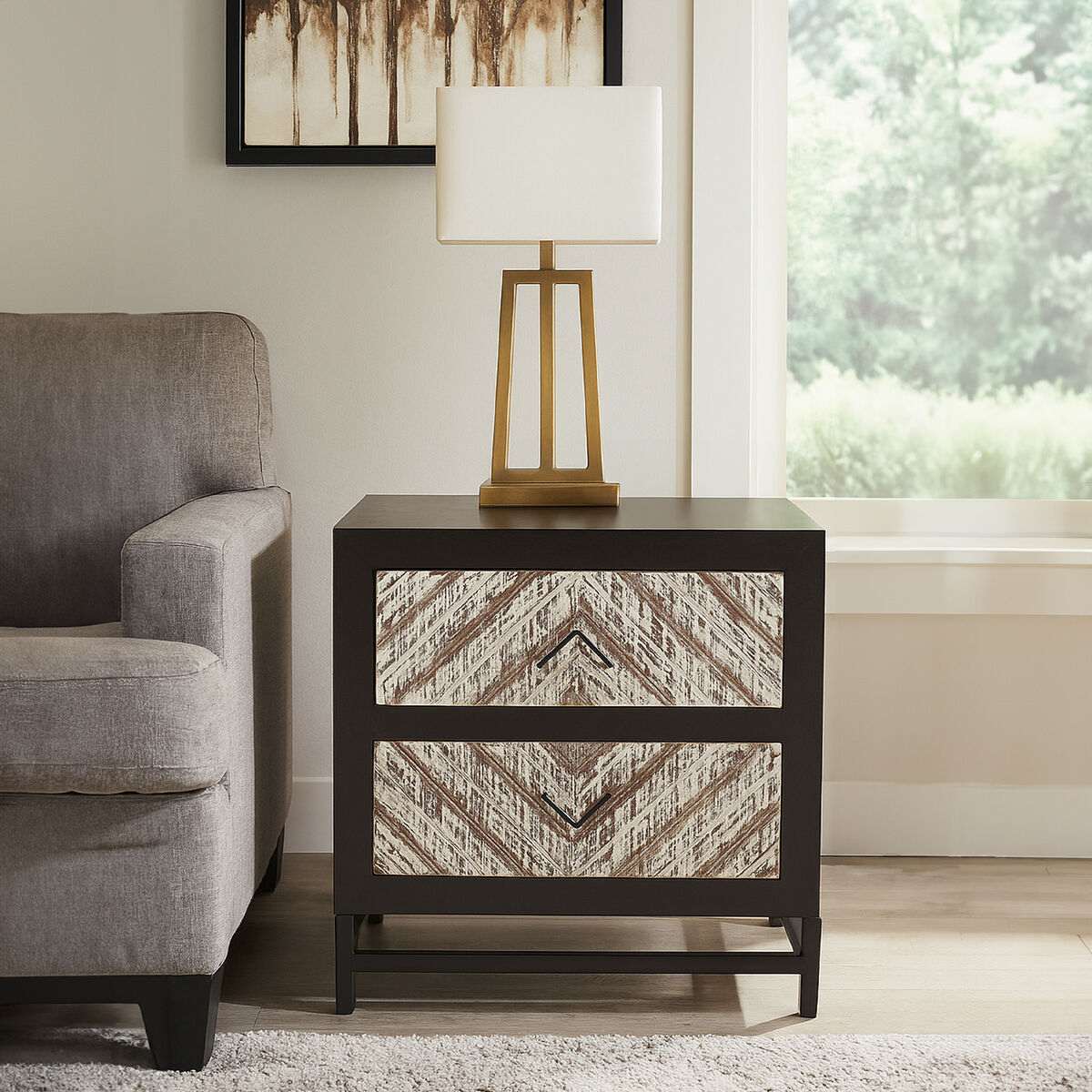 Orsina Bedside Table with Two Drawers and Decorative Wood Pattern in Modern Living Room