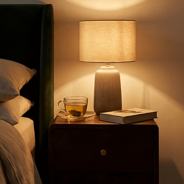 Fishe and Lilly wooden bedside table with a lamp, tea cup, and a book for a cozy bedroom ambiance