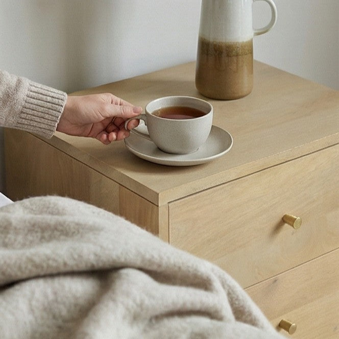 Fishe and Lilly Bedside Table with natural wood finish, perfect for holding drinks and personal items