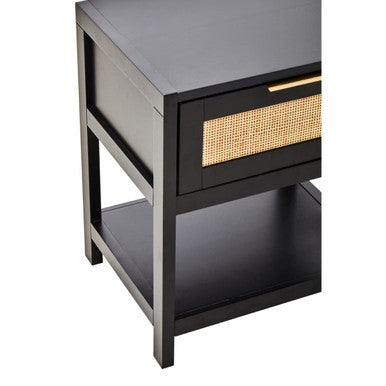 Orsina Black Bedside Table with Cane Drawer and Open Shelf for Stylish Bedroom Storage