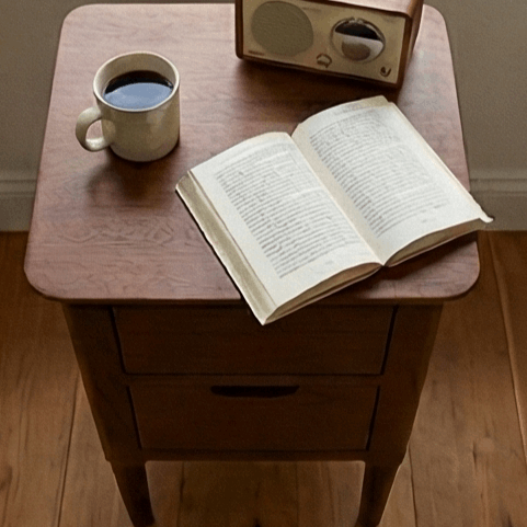 Fishe and Lilly Bedside Table in natural wood with an open book and coffee cup on top