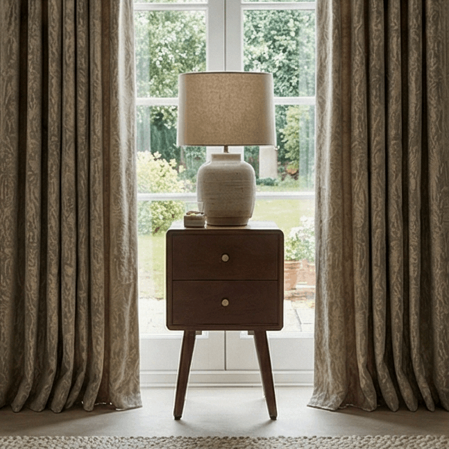 Fishe and Lilly stylish bedside table with two drawers and a lamp, placed beside a window