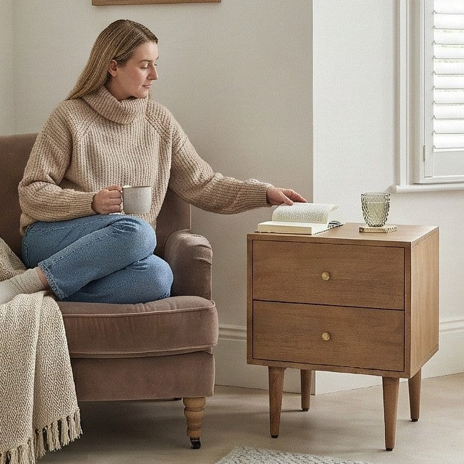 Stylish bedside table by Fishe and Lilly with two drawers and wooden finish in a cozy living space