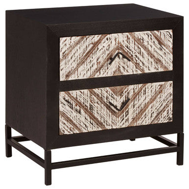 Orsina Bedside Table with two patterned drawers and a sturdy metal frame