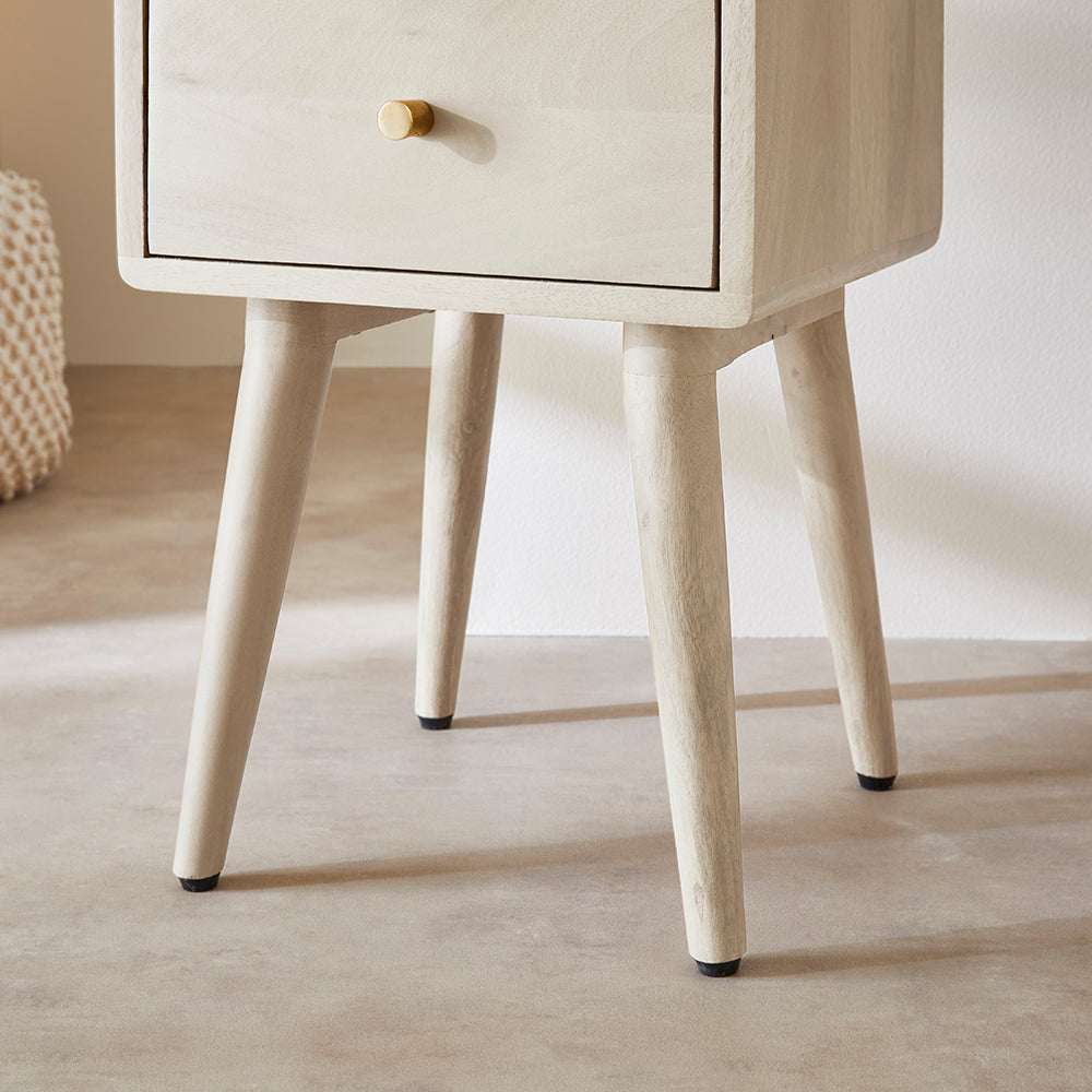 Fishe and Lilly wooden bedside table with a single drawer and tapered legs for stylish organisation