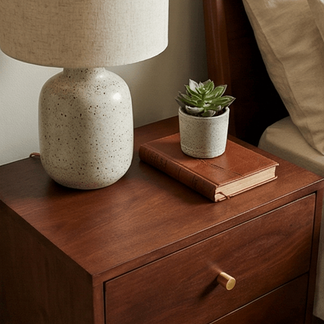 Fishe and Lilly wooden bedside table with lamp, plant and a book on top for stylish bedroom decor