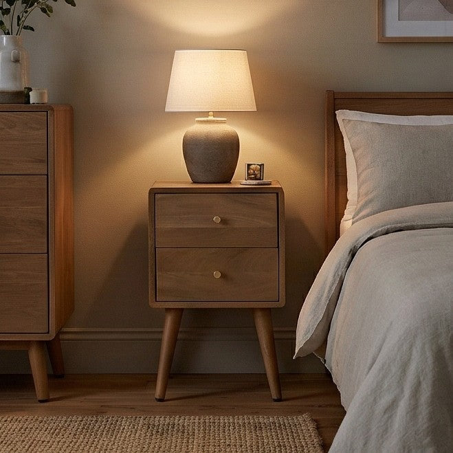 Fishe and Lilly wooden bedside table with a lamp and soft ambient lighting in a cosy bedroom setting