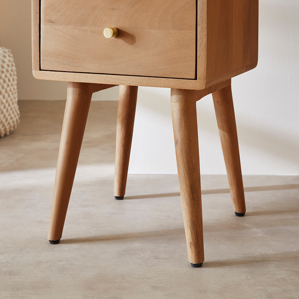Fishe and Lilly bedside table in natural wood with a drawer and tapered legs for stylish bedroom storage