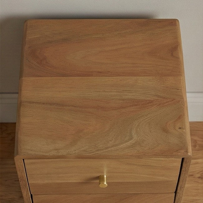Top view of a Fishe and Lilly bedside table featuring natural wood finish and a sleek gold drawer pull