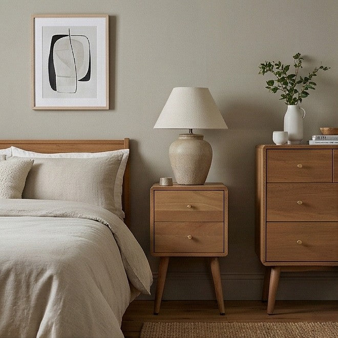 Fishe and Lilly wooden bedside table next to a bed, featuring a stylish lamp and decorative items