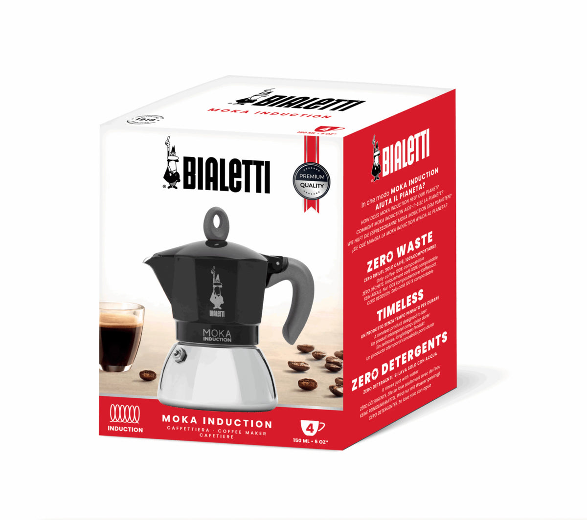 Bialetti Moka Induction Coffee Maker with Black Handle and Silver Base, perfect for making rich coffee