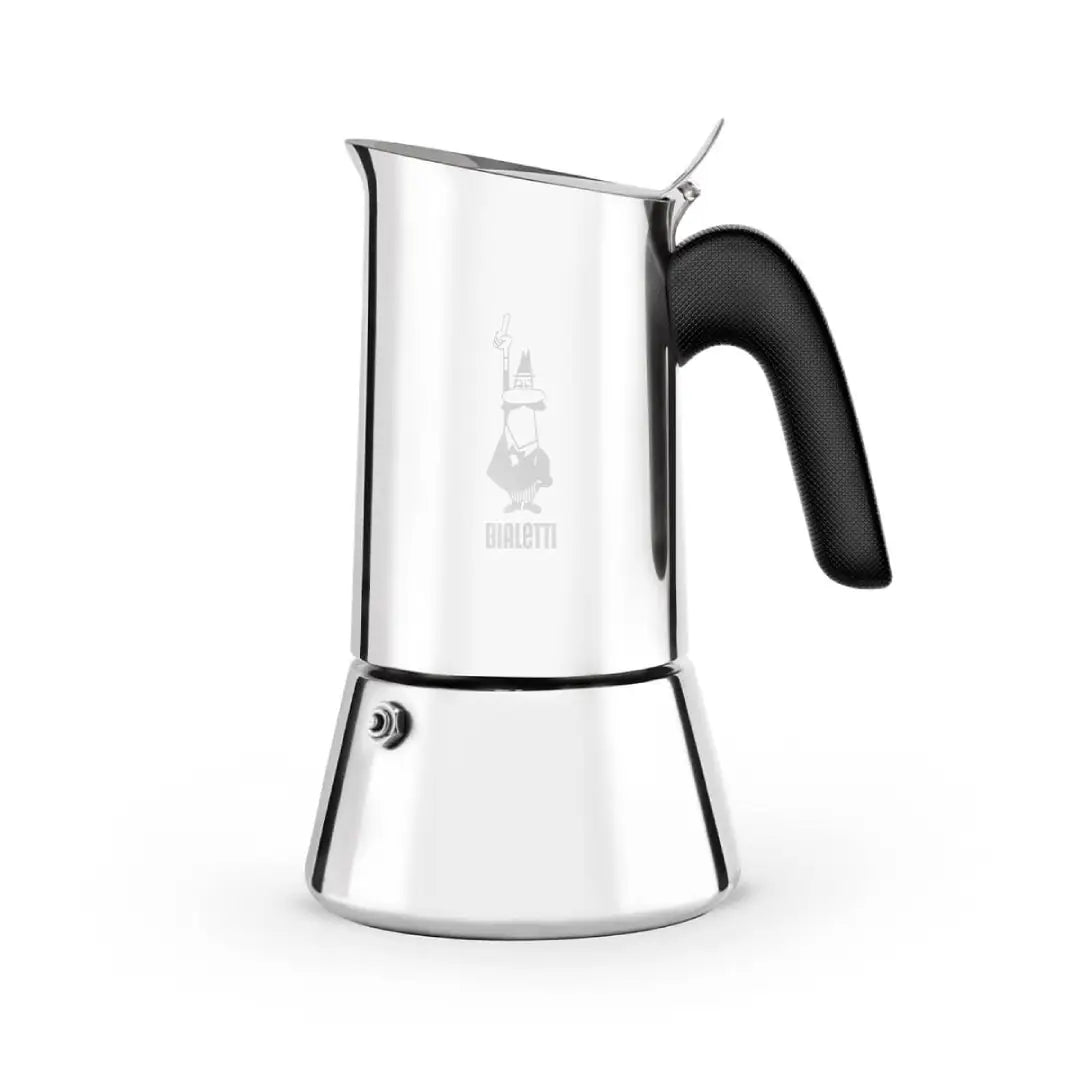 Bialetti Coffee Maker with a polished stainless steel finish and ergonomic handle for brewing coffee