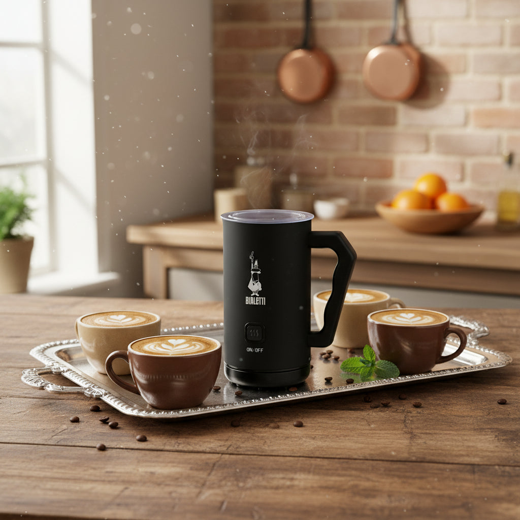 Bialetti Milk Frother in black on a tray with cups of coffee and latte art in a stylish kitchen setting