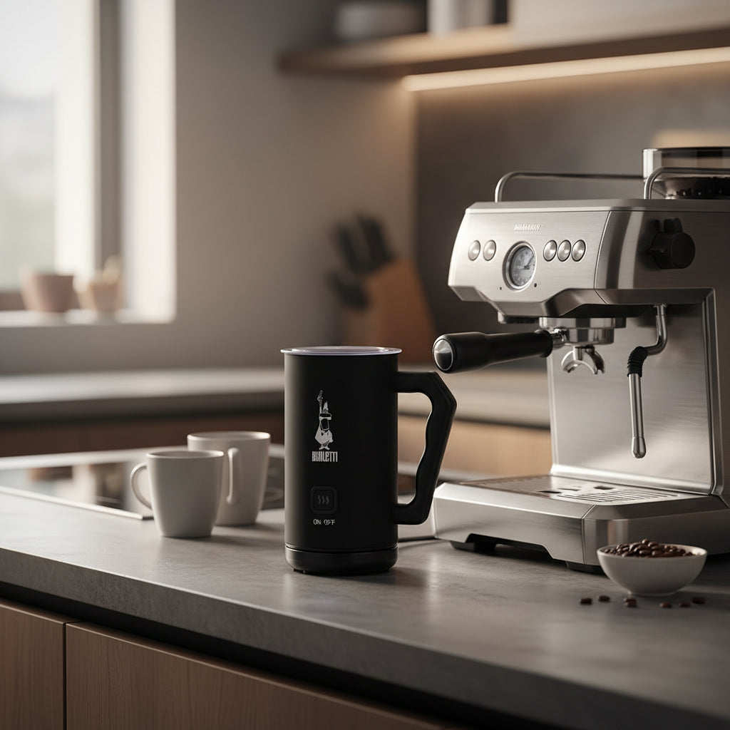 Bialetti Milk Frother in Black on a Modern Kitchen Counter with Espresso Machine