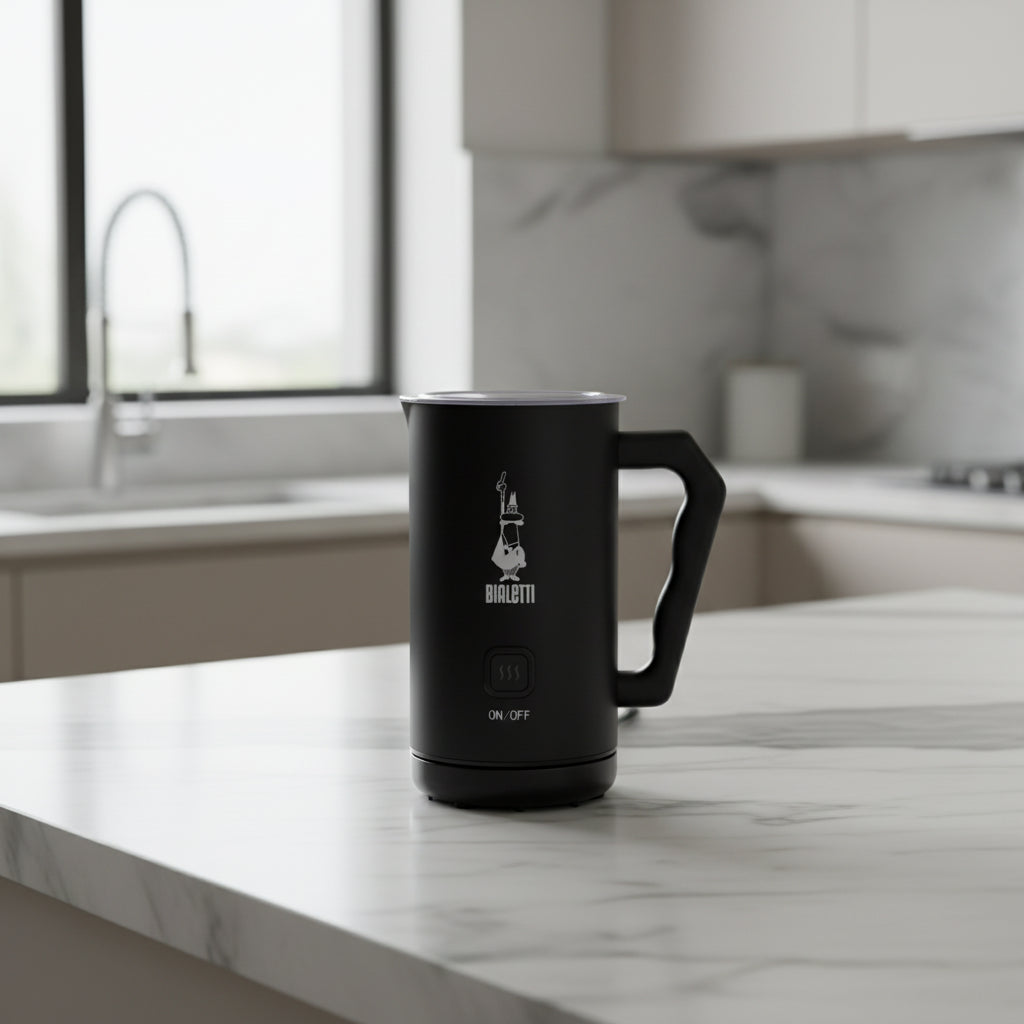 Bialetti Milk Frother in sleek black design, perfect for creating creamy froth at home