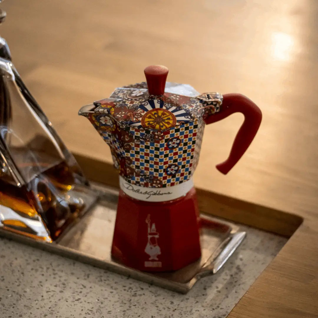 Bialetti Moka Express coffee maker with vibrant decorative patterns, perfect for brewing espresso
