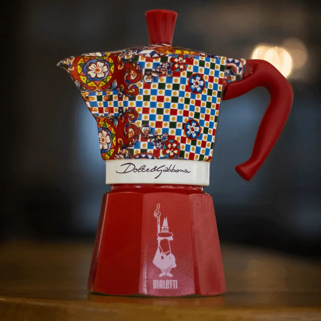 Bialetti Moka Express in vibrant Dolce & Gabbana design, perfect for stylish coffee brewing