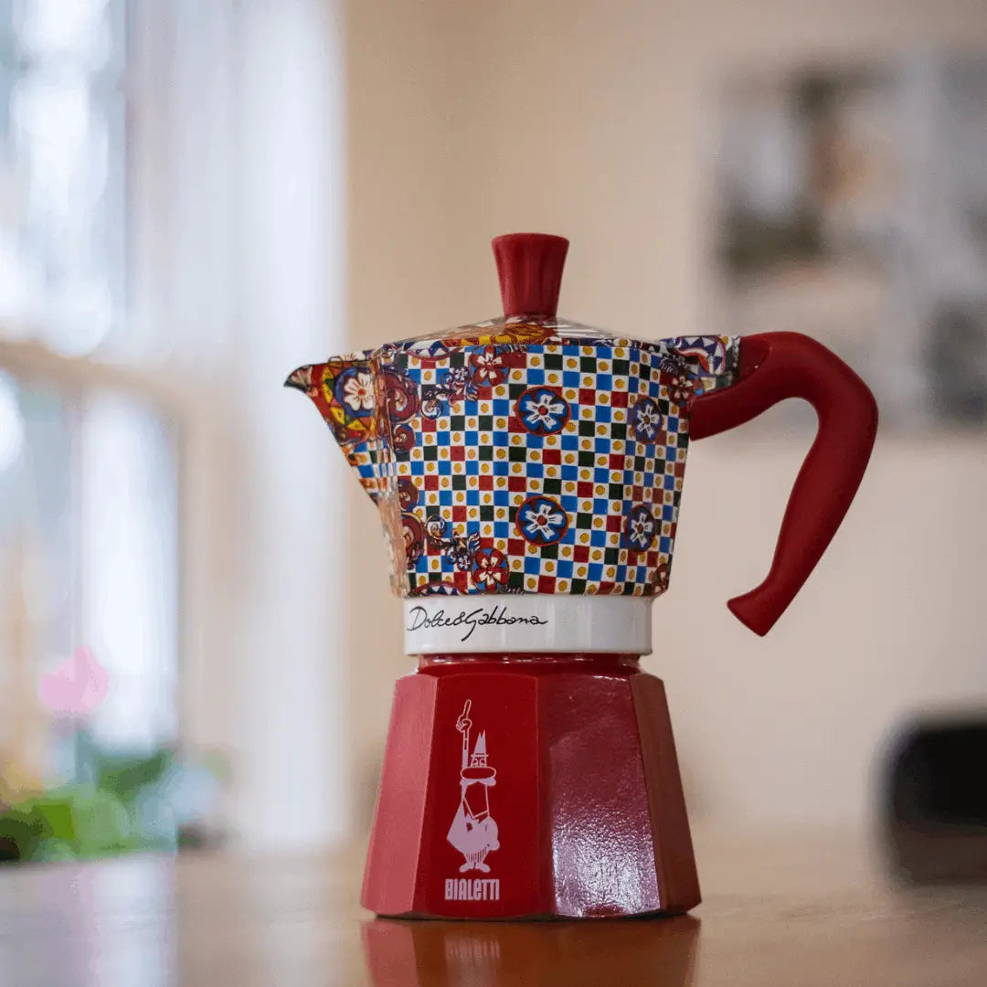 Bialetti Moka Express coffee maker in vibrant patterned design for brewing rich espresso