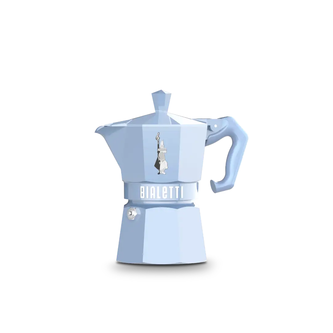 Bialetti Moka Express in light blue, designed for brewing rich Italian coffee at home