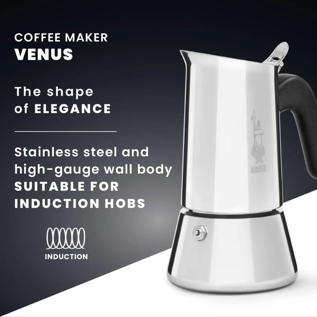 Bialetti Venus Coffee Maker in stainless steel, stylish design suitable for induction hobs