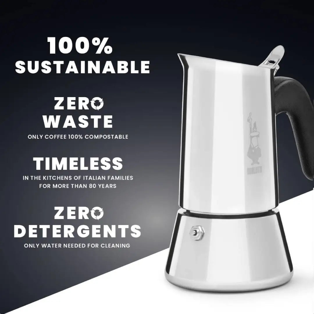 Bialetti Coffee Maker in stainless steel, designed for sustainable brewing with a timeless Italian appeal