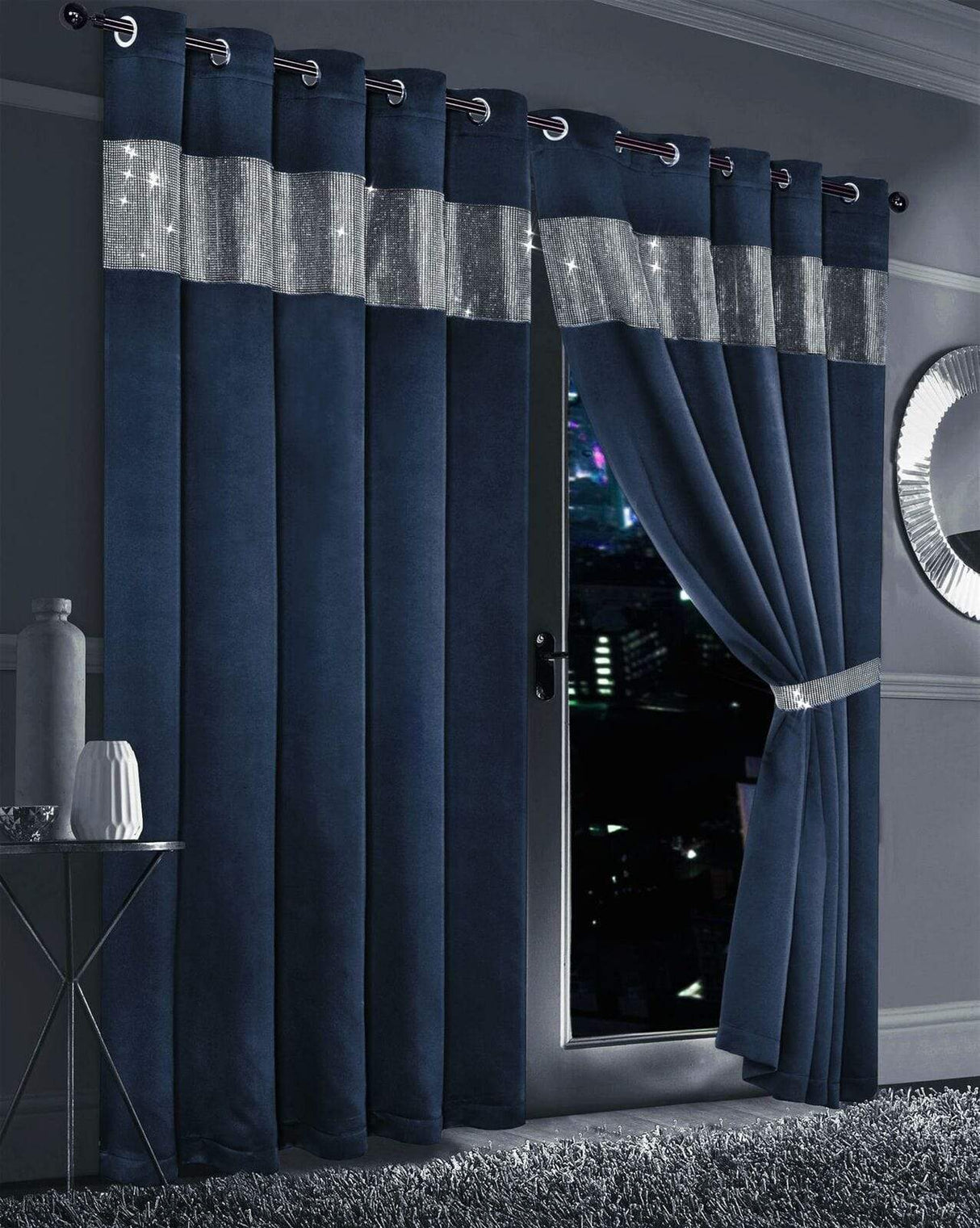 Elegant navy blackout curtains with silver detailing, perfect for light control and privacy