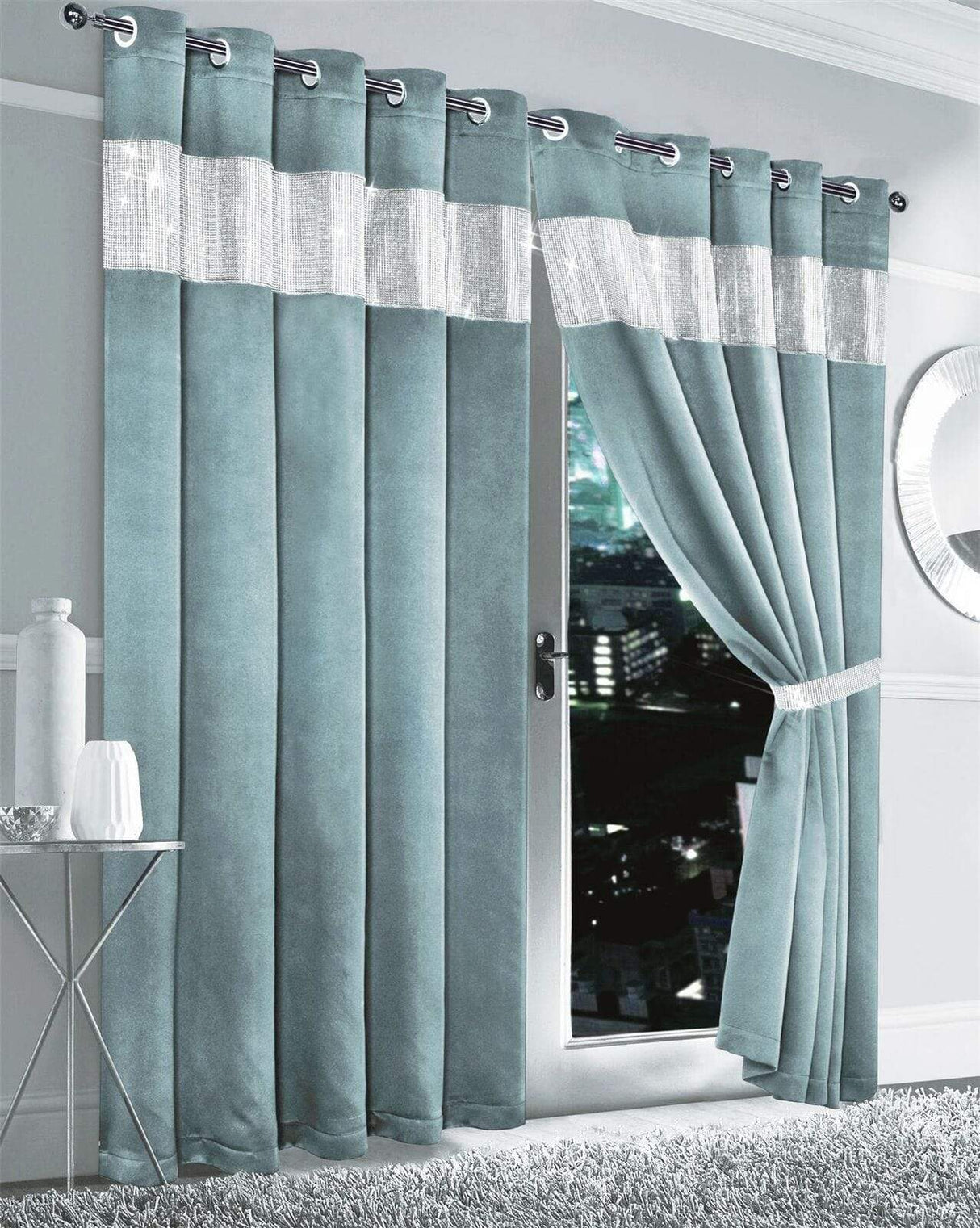 Soft teal OLIVIA ROCCO blackout curtains with silver decorative band for a stylish interior