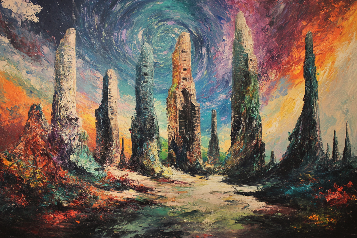 Artistic blanket design featuring vibrant colours and abstract tower formations in a mystical landscape
