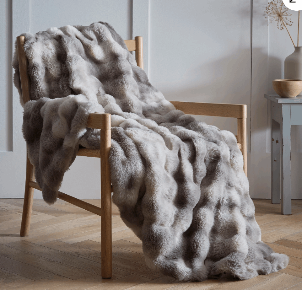 Luxury Faux Fur Throw in Soft Grey Draped on a Wooden Chair for Elegant Home Decor