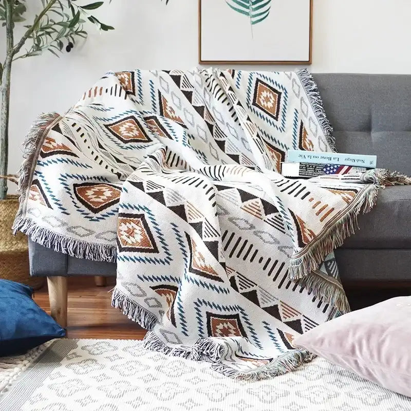 Nisu Home Decorative Throw Blanket with Geometric Patterns and Fringed Edges for Cozy Living Spaces