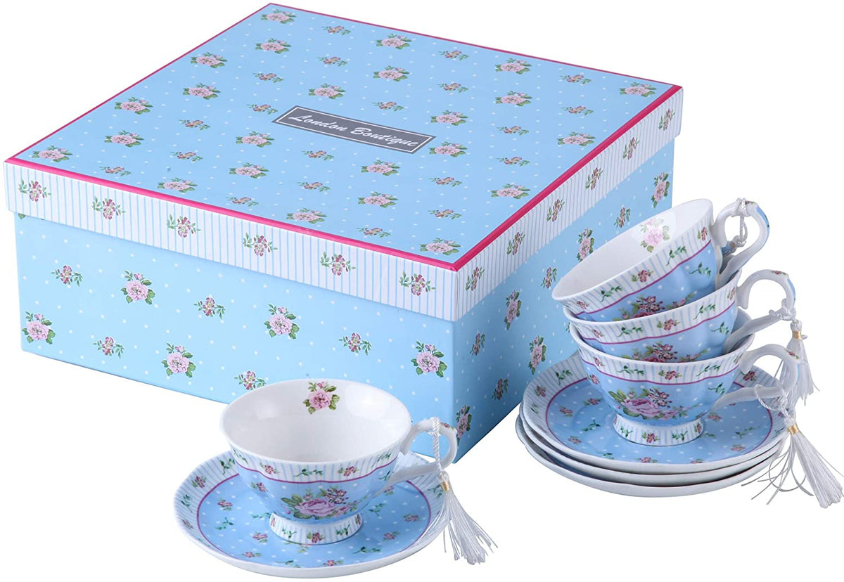 Set of floral tea cups with matching saucers, beautifully packaged in a blue box, perfect for tea lovers