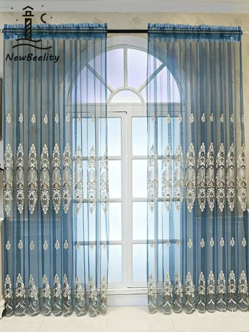 Elegant Voile Tulle Curtain - Translucent Shading for Home or Office Embroidery Blue N/A