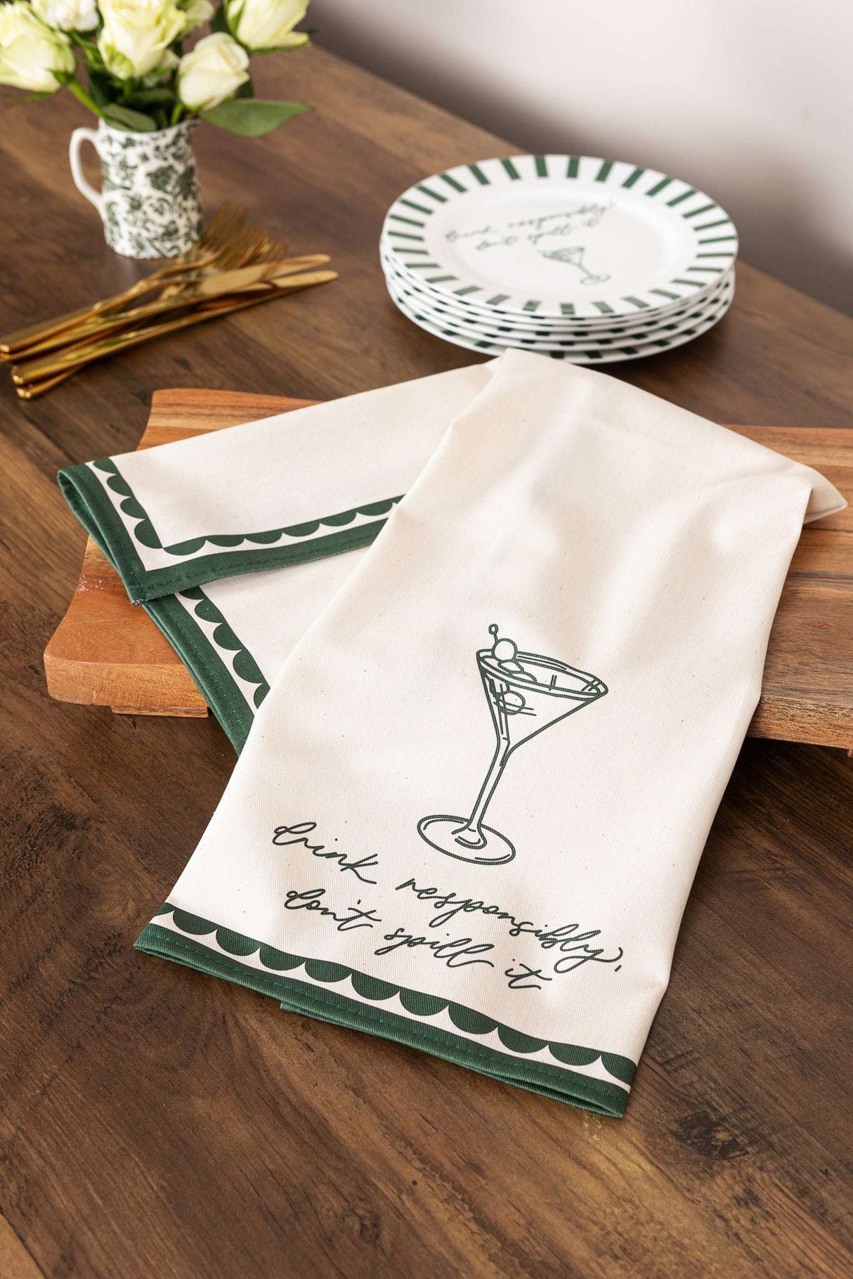Stylish Avalon Home UK Bone China Plate set displayed with tea towels featuring cocktail designs