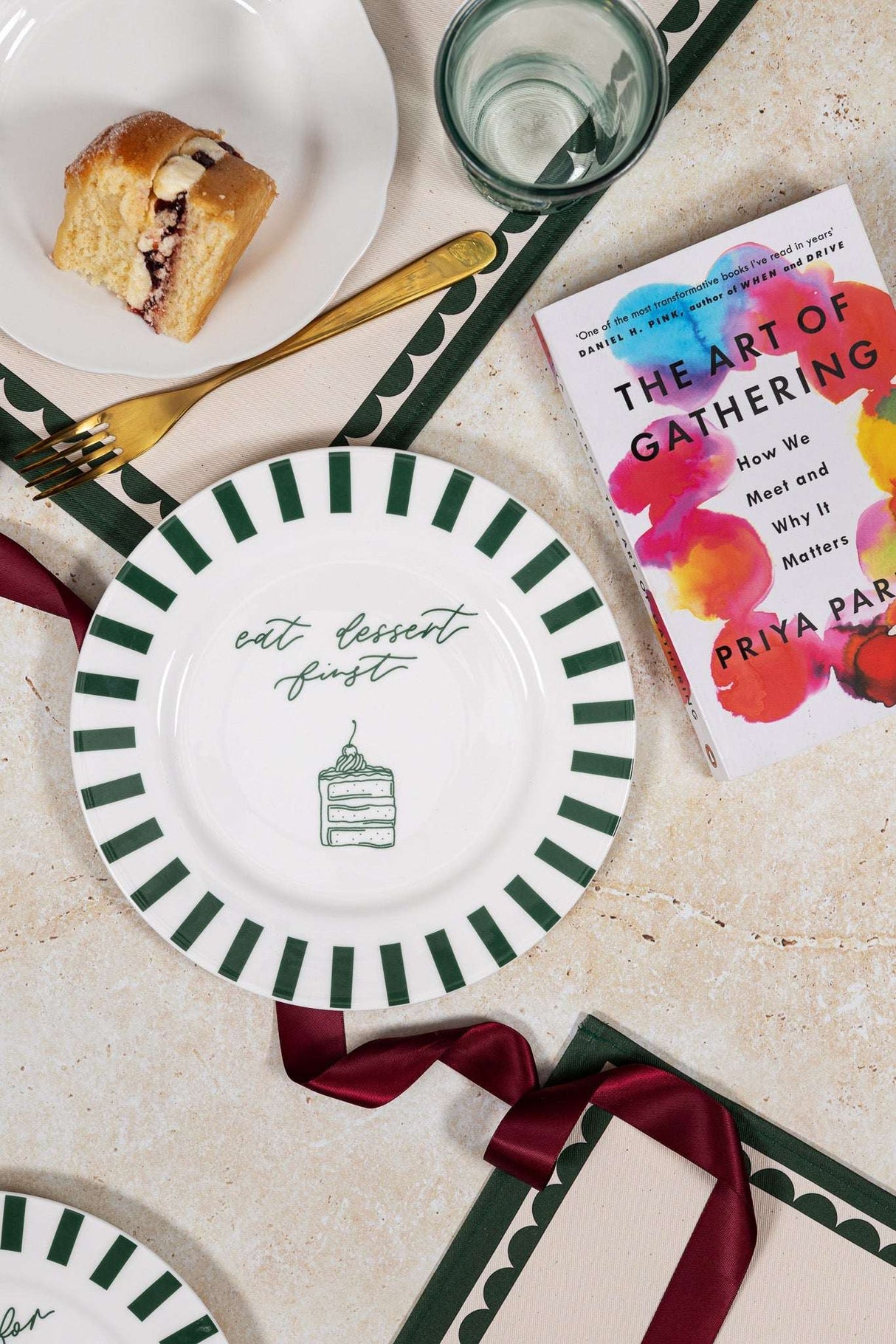 Avalon Home UK Bone China Plate with Green Stripes and Cake Illustration for Elegant Dining