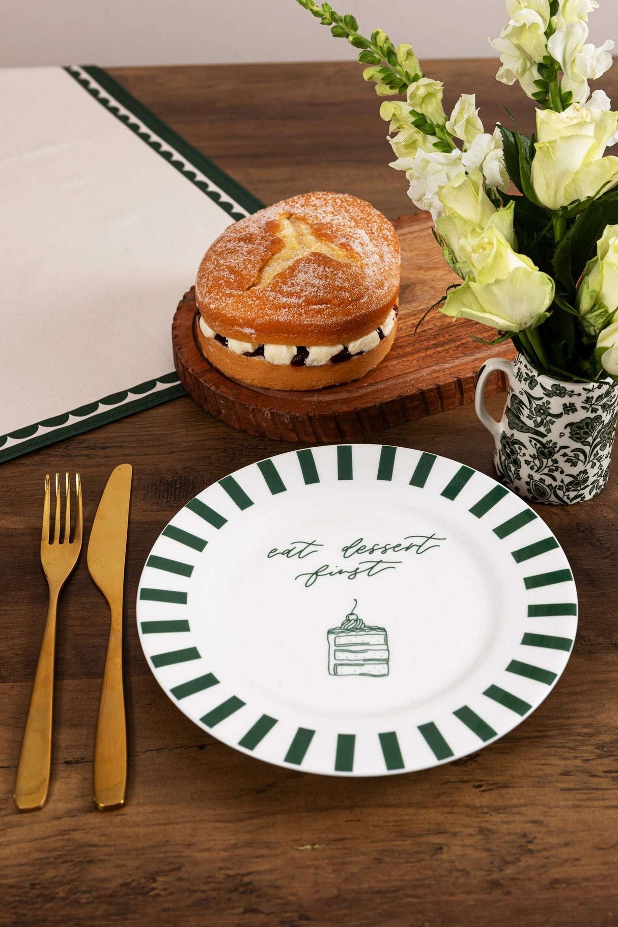 Avalon Home UK Bone China Plate with green stripe design and cake illustration for dessert serving