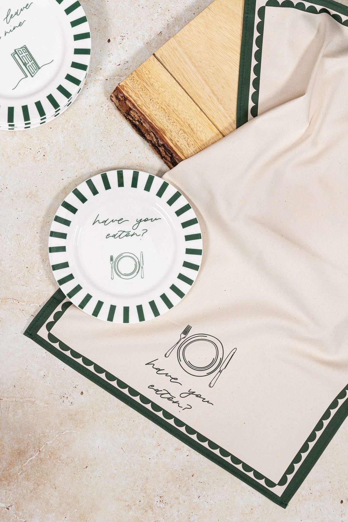 Stylish Bone China Plate with Green Stripes and Text for Elegant Dining Table Settings