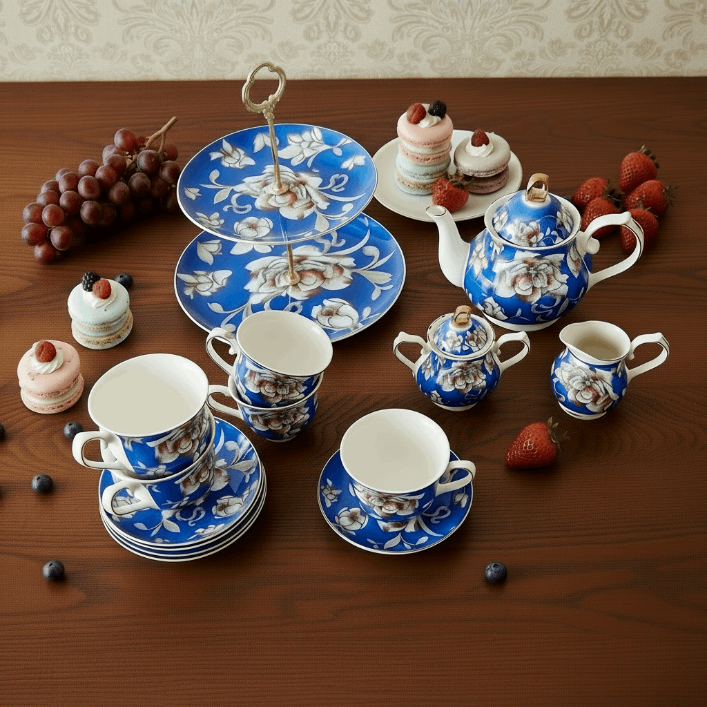 Warwickshire Royal Blue Bone China Tea Set Set B (with cake stand) KitchBoom
