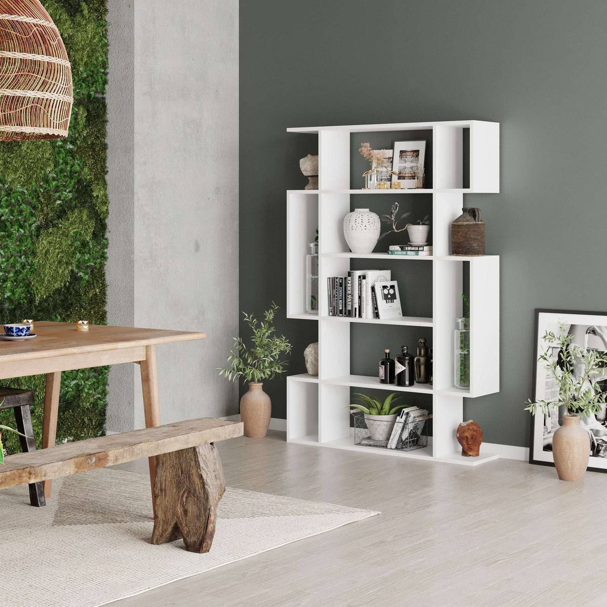 Modern Decortie bookcase in white, showcasing decorative items in a stylish interior setting