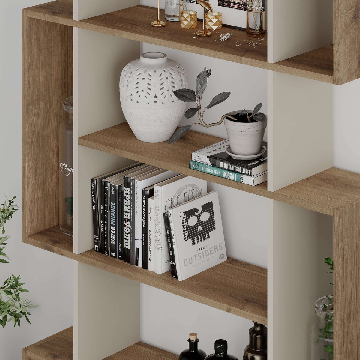 Decortie bookcase with wooden shelves displaying plants, decor, and books for stylish storage