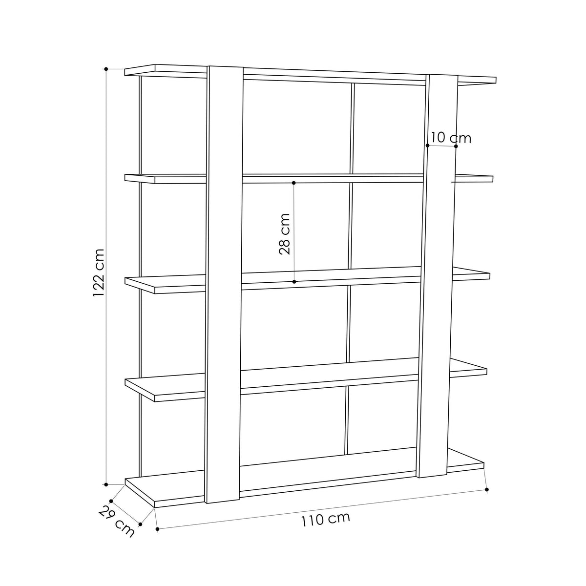 Decortie bookcase with five shelves, measuring 110 cm wide and 122 cm high, in a minimalist design