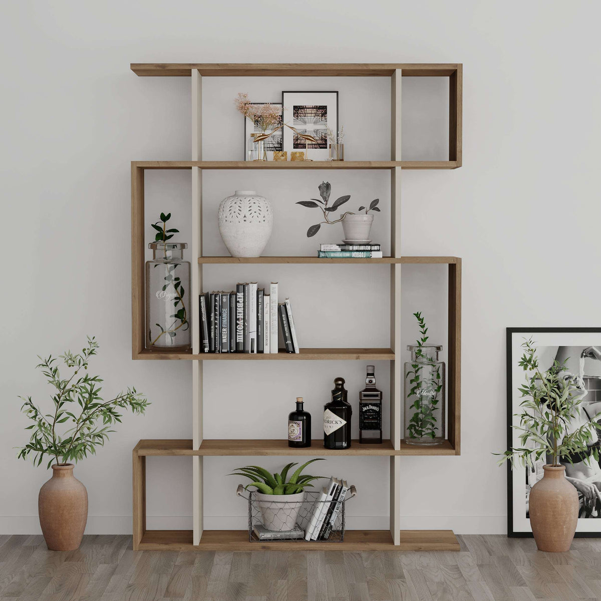 Decortie modern bookcase in natural wood finish, featuring open shelves for decor and books